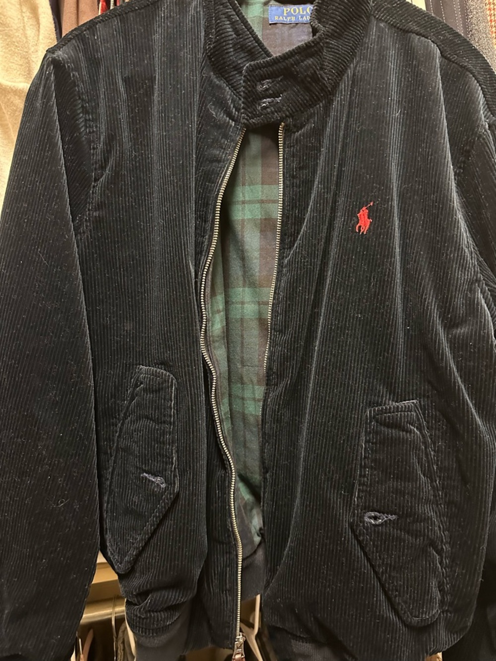 Polo by Ralph Lauren Black Corduroy Bomber Jacket with Red Polo Logo